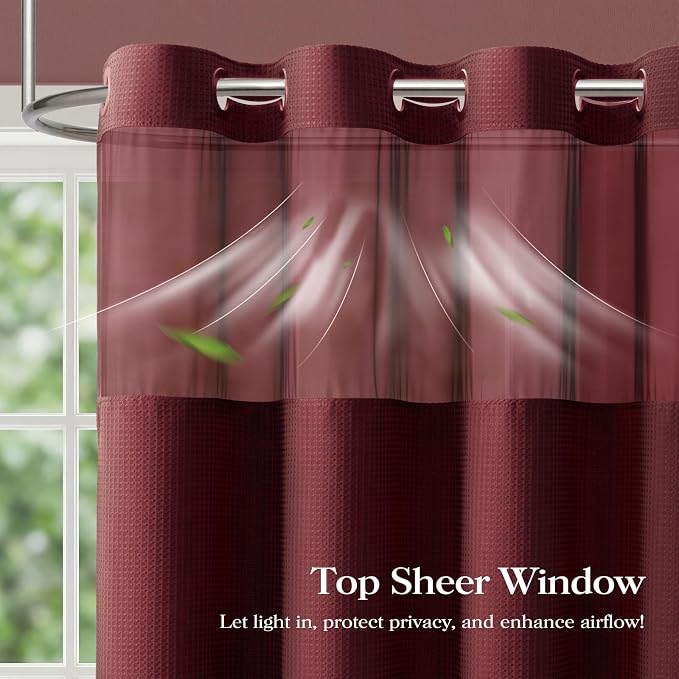 Burgundy Hook Free Waffle Shower Curtain & Snap Fabric Liner,72x87 | Less Time to install, 3 in 1 Fabric Shower Curtain and Liner Set with Magnets, Extra Long, Shower Curtains for Bathroom