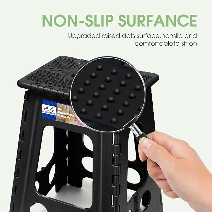 ACKO 17.5" Folding Step Stool, 400 lb Capacity with Safety Lock, Dot Black | Portable Foldable Stools with Handle, Heavy Duty Collapsible Non-Slip Foot Stool for Adults & Kids, Kitchen Bathroom Outdoor