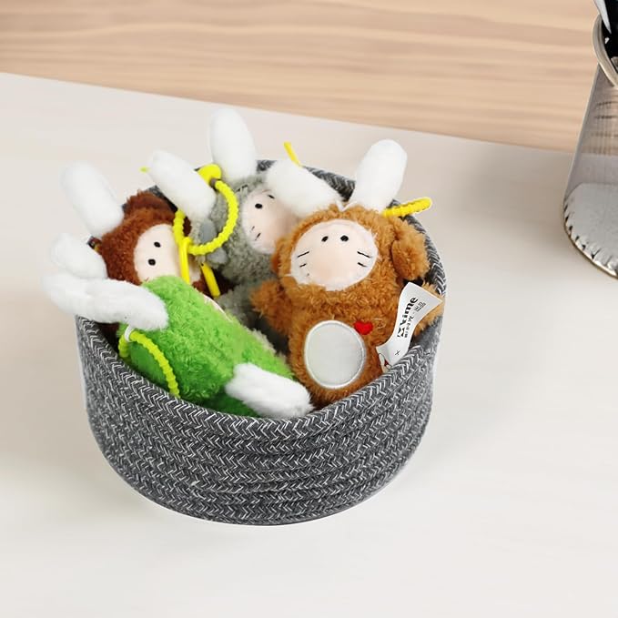 Small Woven Cotton Rope Baskets, Set of 3, Grey | Mini Round Baskets, Gift and Storage Baskets, Nursery Organizer, Bathroom Countertop Bins, Decorative Boho Decor
