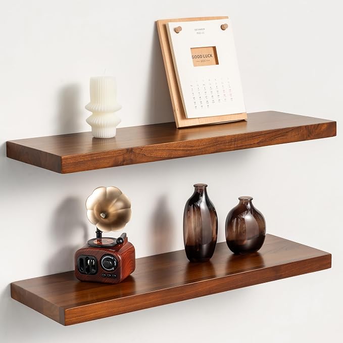 24 Inch Teak Floating Wall Shelves Set of 2 | Weather Resistant, Heavy Duty Hidden Brackets, Natural Wood Grain, Wall Storage For Bathroom, Kitchen, Living Room & Outdoor