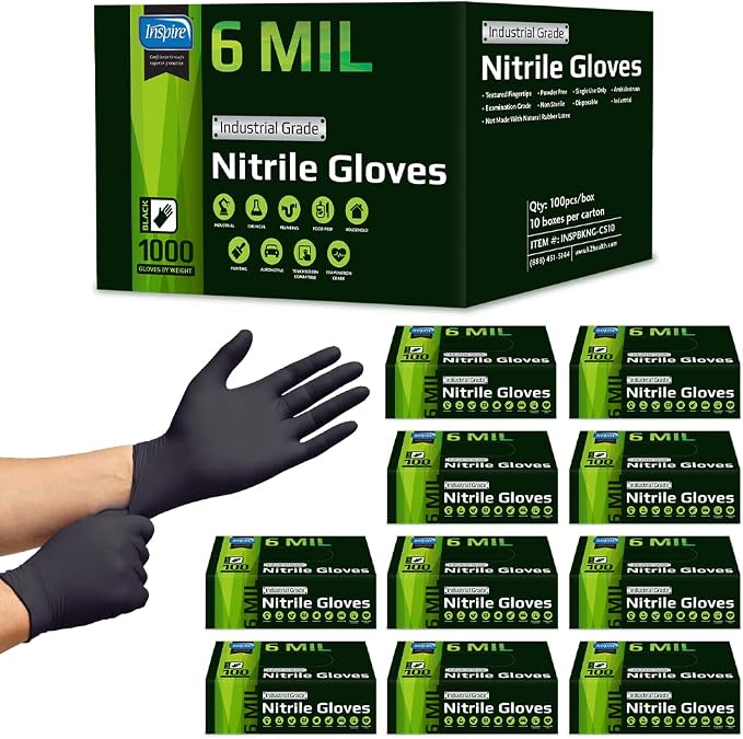 Inspire 6 or 8 Mil HEAVY DUTY Stretch Nitrile Black Gloves Disposable Latex Free