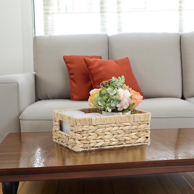 Wicker Baskets, Water Hyacinth Baskets for Organizing, Rattan Woven Baskets | Organizer Bins with Built-in Handles, Rectangular Storage Baskets for Shelves, Closet and Bathroom Organizer