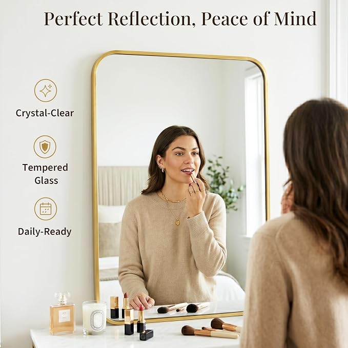2-Pack 24x36 Inch Brushed Gold Rounded Rectangle Vanity Mirrors | Double Vanity or Two Bathrooms, Pair or Separate Use, Aluminum Frame, Slim Front Profile, Two-Way Mount