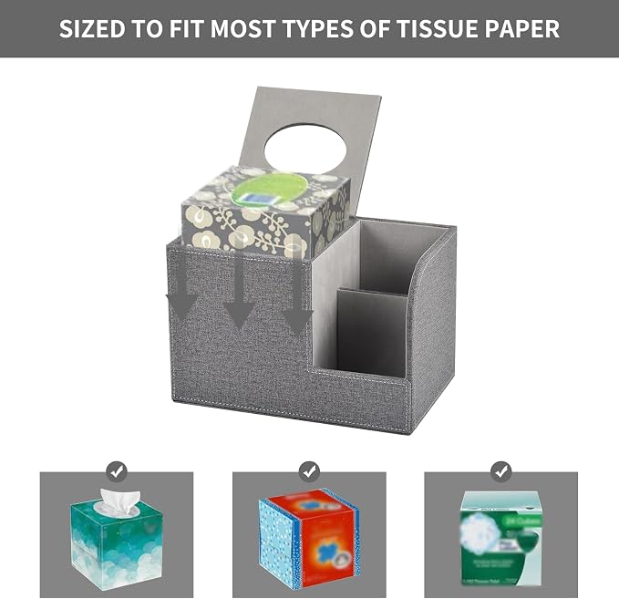 Square Tissue Box Cover Organizer,PU Leather Cube Tissue Box Holder with 2-Compartment Storage Box,Tissue and Remote Control Holder,Decorative Tissue Box Bedroom NightStand Office Tabletop,Grey