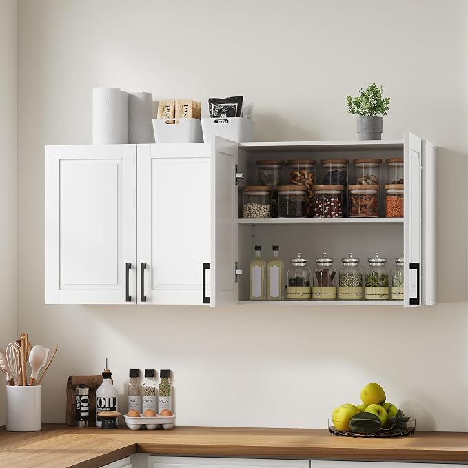 ChooChoo Laundry Room Cabinets, 4 Doors Wall Mounted Storage Cabinet | Kitchen Wall Storage, Bathroom Wall Cabinet, White