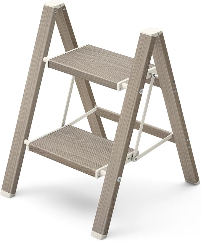 Mayi Plus 2 Step Stool Foldable, Aluminum, Lightweight Step Ladder | Extra-wide anti-slip folding steps with 330 lbs, for home,kitchen,office,outdoor,Fir woodgrain