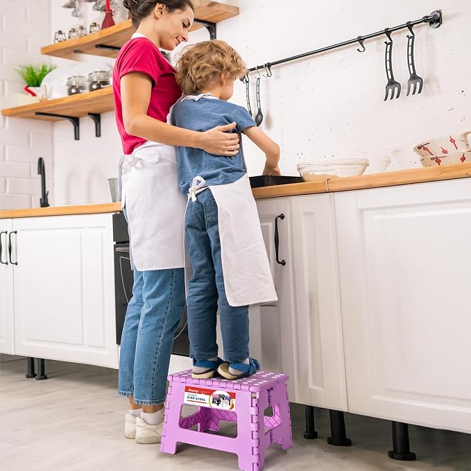 9 Inch Foldable Step Stool for Kids, 300 lb, Light Purple | Lightweight Plastic Small Foldable Step Stool with Handle, Non-Slip, for Kitchen, Bathroom, Bedroom and Closet