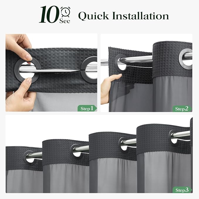 Charcoal Grey Hook Free Waffle Shower Curtain & Snap Liner,72x87 | Less Time to install, 3 in 1 Fabric Shower Curtain and Liner Set with Magnets, Extra Long, Shower Curtains for Bathroom