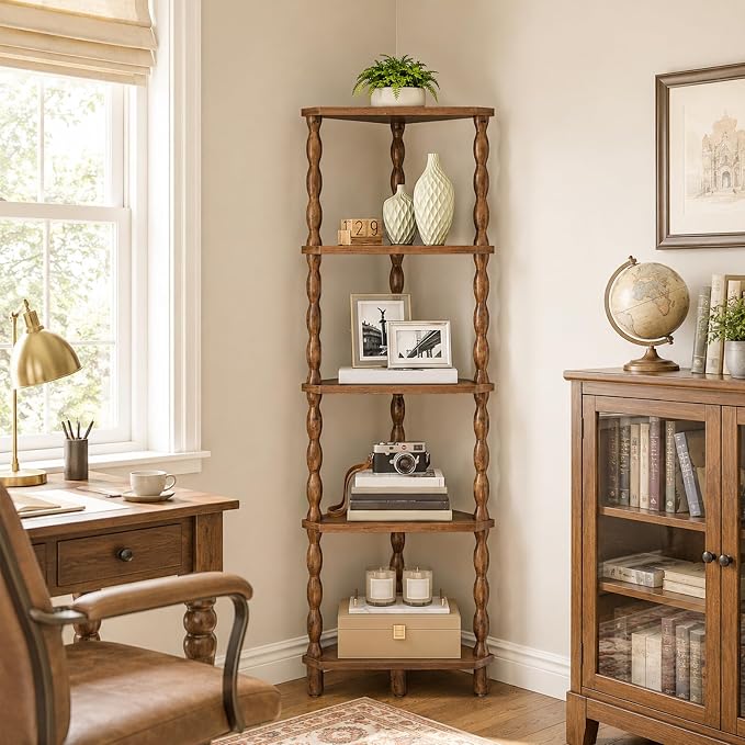 HOOBRO Corner Shelf, 5-Tier Wooden Corner Bookshelf for Small Space, Stylish Corner Storage Display Shelves for Living Room, Kitchen, Office Rustic Brown FG195CJ01