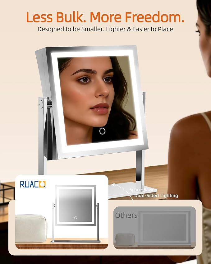 Ruacq Vanity Mirror with Lights, Dual Sided 1X/10X, Chrome | 8",4000mAh Rechargeable, Magnifying Mirror with 3 Color Lights,Touch Control Dimmable, 360° Rotation, Square, Gift for Women