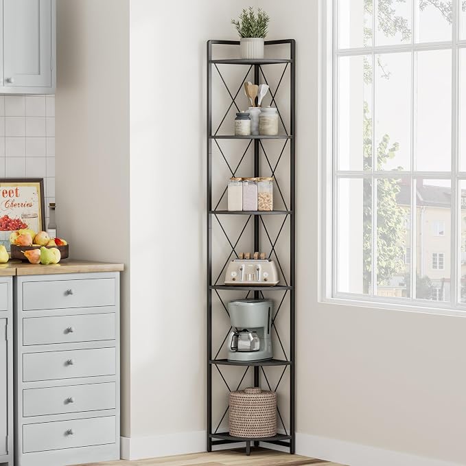 6 Tier Corner Shelf Stand, 78" H Tall Corner Bookshelf, Black | Industrial Metal Corner Shelf for Living Room Decor, Plant Stand Display Shelf for Bedroom, Bathroom, Small Spaces