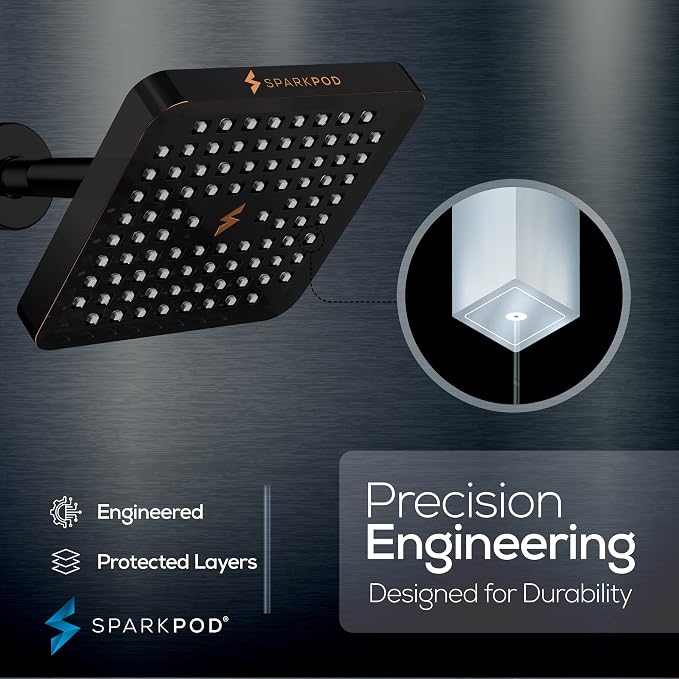 SparkPod Rain Shower Head, 6 Inch Square, Vintage Oil-Rubbed Bronze Finish | High Pressure Shower Heads, 90 Nozzles, Adjustable Showerhead, No Tools Needed, Universal Connection