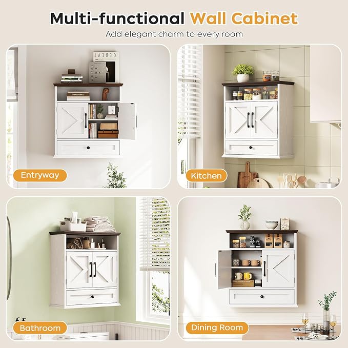 Bathroom Wall Cabinet, Wall Mounted Medicine Cabinet 24.4"H x 23.6"W x 9"D | With Drawer, Barn Doors & Adjustable Shelf, White Over Toilet Farmhouse Storage Cabinet for Kitchen, Laundry Room, Entryway