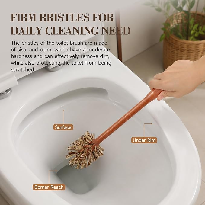 Wooden Toilet Brush and Holder, 13.9'' Long Handle Toilet Scrubber | Durable Ebony Wood, Natural & No Plastic, Moderate Hardness Bristles, No scratch, Stable Holder, Decoration for Bathroom