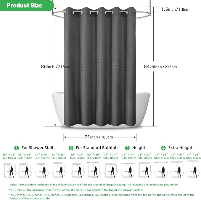 No Hook long Waffle Shower Curtain, No Liner Needed,71x86 In, Charcoal Grey | 100% waterproof TPU-laminated backing, magnetic weighted hem, machine washable, shower curtain set for bathroom or hotel use