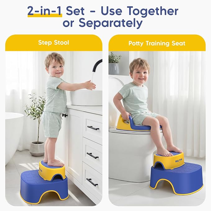 Maliton Potty Training Toilet Seat & Step Stool, 2-in-1 Anti-Slip Blue | Potty Seat + Separate Step Stool, Adjustable Fits More Toilets, Anti-Slip, Sturdy, Splash Guard, Easy clean，Boys & Girls.