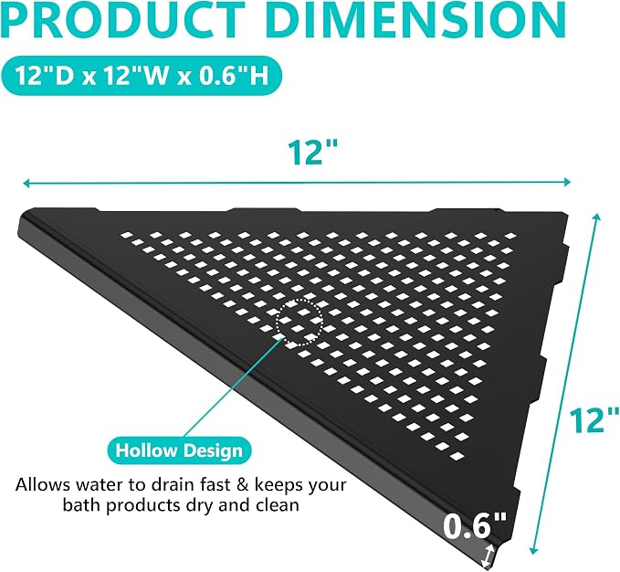 Qeke 2 Pack Bathroom Corner Shelf, Recessed 12" Corner Shower Shelf, SUS304 Stainless Steel Triangular Wall Mount, No Drilling, Matte Black | 304 Stainless Steel Grout in Bathroom Corner Shelves, Bathroom Shelf for Tiled Wall, Rustproof, No Drilling Re...