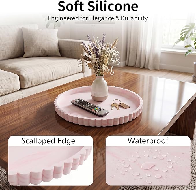 Silicone Bathroom Tray with Scalloped Edge, 11.9 Inch Round Large Vanity Tray for Bathroom Countertop, Non-Slip Elegant Sink Organizer Tray for Toiletries & Jewelry, Marble White Pink