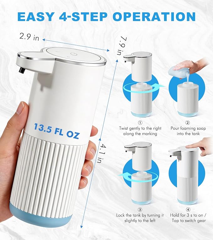 RYTOXILO Automatic Soap Dispenser, 2 Pack White Touchless Liquid Soap Dispenser for Bathroom, 13.5 Fl Oz Plastic Electric Auto Dish Soap Dispensers Wall Mount for Kitchen with Adjustable Volume