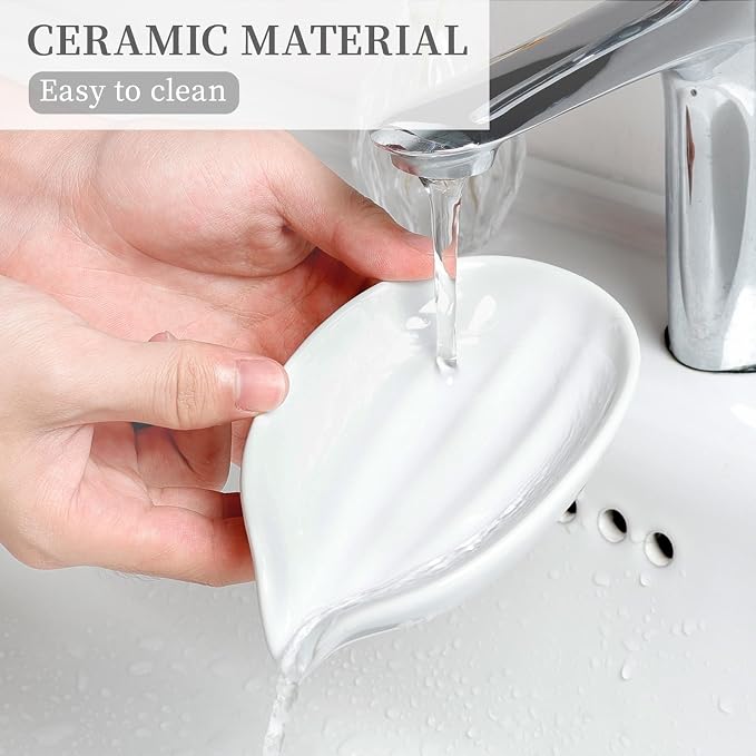 Soap Holder, Self-Draining White Soap Dish, Leaf Shape Ceramic Bar Soap Holder Drain Soap Dishes for Bathroom Sink Kitchen, Easy to Clean Keeps Soap Dry, ANTIS'S HOME