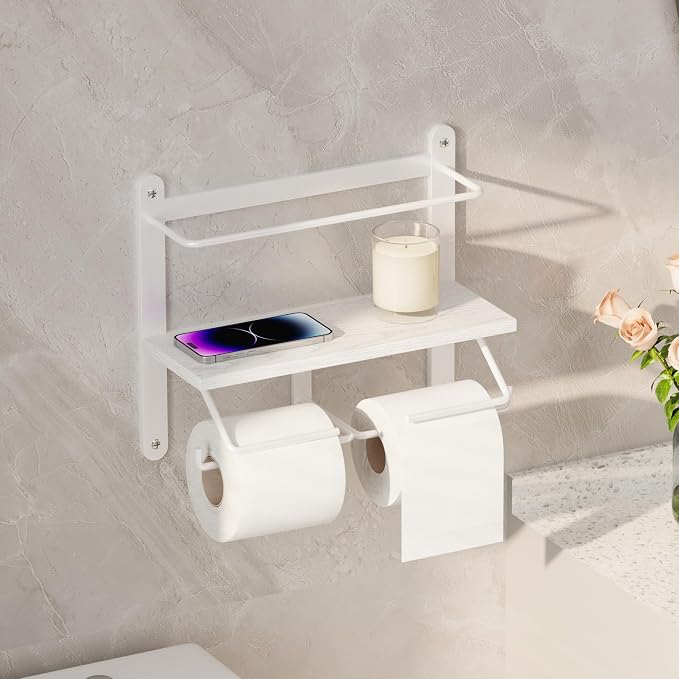 Homeiju Double Toilet Paper Holder with Shelf, Wooden Wall-Mounted Toilet Paper Roll Holder, Wall-Mounted Bathroom Organizer, Double Roll, Suitable for Bathrooms(White)