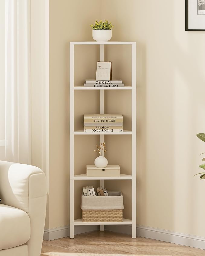 TUTOTAK Corner Shelf, 5-Tier Corner Bookshelf for Small Space | Narrow Display Corner Shelf Stand with Storage Rack, for Living Room, Bedroom, White BS05BW005