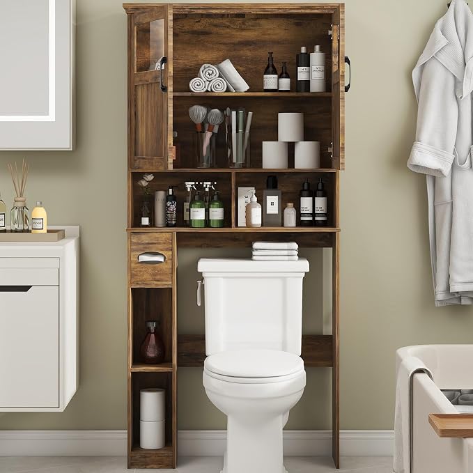 Vabches Over The Toilet Storage Cabinet with Doors & Paper Holder, Brown | Freestanding Toilet Shelf Space Saver with Anti-Tip Design & Adjustable Shelf or Restroom, Bathroom, Laundry
