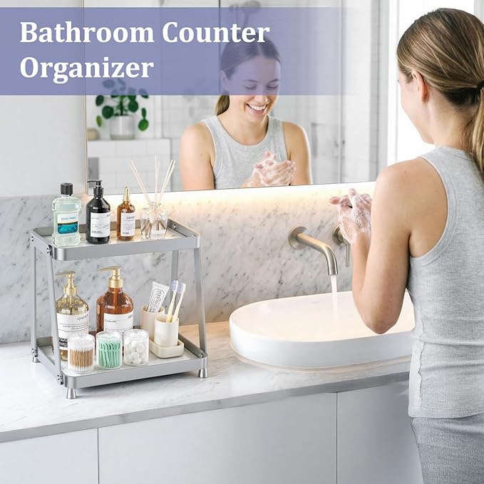 2-Tier Acrylic Bathroom Vanity Organizer, Silver | Bathroom Counter Storage Shelf with Marble-Look Tray, Holds Cosmetics, Perfume, Makeup & Skincare Products