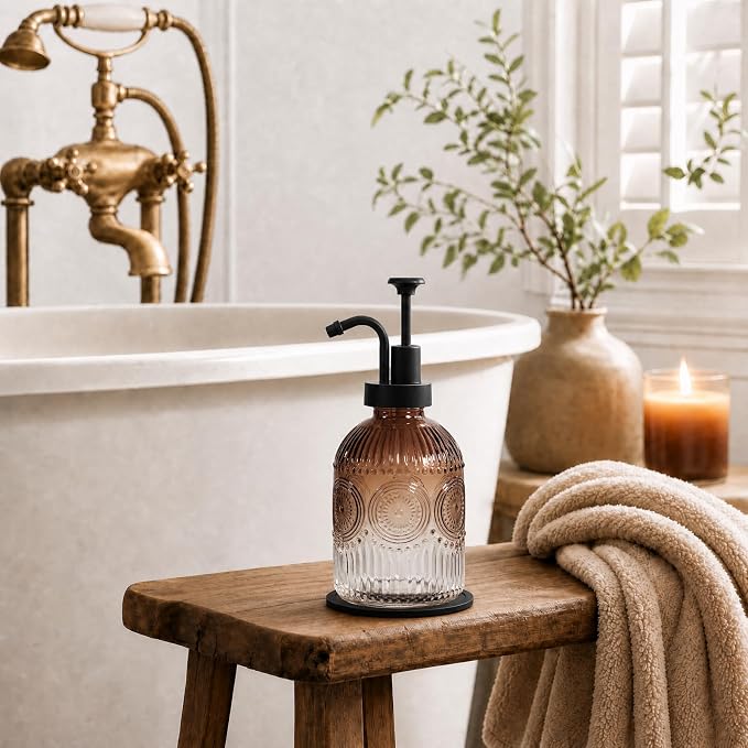 SheeChung 12oz Vintage Glass Soap Dispenser with Black Pump, Brown, 1 Pack | Refillable Dish and Hand Soap Dispenser for Bathroom Kitchen, Rustic Liquid Lotion Bottle,BPA-Free,Funnel,Mat,Farmhouse Decor