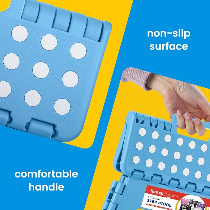 9 Inch Folding Step Stool for Kids and Adults, Holds 300 lb, Blue | Heavy Duty Foldable Stools, Lightweight, Non-Slip, for Toddler, for Kitchen Bathroom Bedroom Outdoor, Collapsible with Handle
