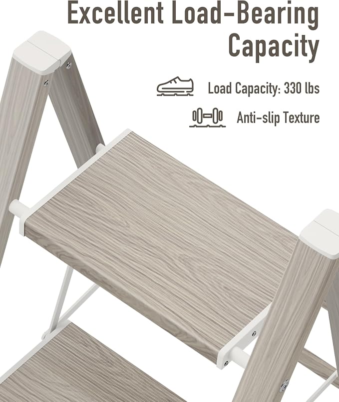 Mayi Plus 3 Step Stool Foldable, Aluminum, Lightweight Step Ladder | Extra-wide anti-slip folding steps with 330 lbs, for home,kitchen,office,outdoor,Fir woodgrain
