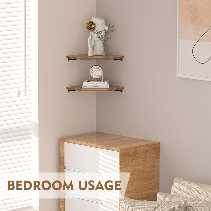 JJL Corner Shelf, 12 Inch Set of 2 Floating Shelves for Wall with Wire Hole for Security Camera and Radios Storage, 13.3 Inch Deep Wall Mounted Shelves for Living Room Corner Decoration, Rust Brown