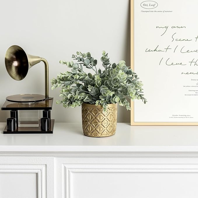 MyGift Artificial Eucalyptus Boxwood Plant Gold Concrete Geometric Pot | Modern Embossed Round Planter, Realistic Foliage, Indoor Botanical Accent for Desk, Shelf, Table & Entryway Décor