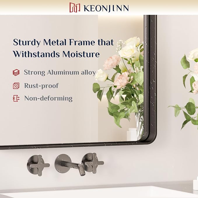 Keonjinn 60 x 40 Inch Black Bathroom Mirrors for Over Sink, Tempered Glass | Sandblasted Finish, Matte Black Vanity Mirror, Anti-Rust, Seamless Aluminum Frame, Rounded Rectangle, French Cleat Mount