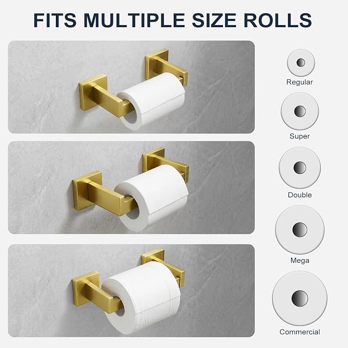 Toilet Paper Holder Wall Mount Brushed Gold Stainless Steel | Toilet Tissue Roll Holder Bathroom Square Toilet Paper Towel Roll Holder Double Post Pivoting Tissue Handle