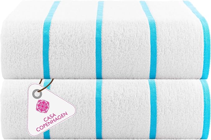 CASA COPENHAGEN Cabana Pool 2Pcs 100% Egyptian Cotton XL Designer Bathsheet Beach Towels Gift Set- White Turquoise, 500GSM, 35"x70" Bath Sheet Beach Towels (Box Pack, Set for Women & Men)