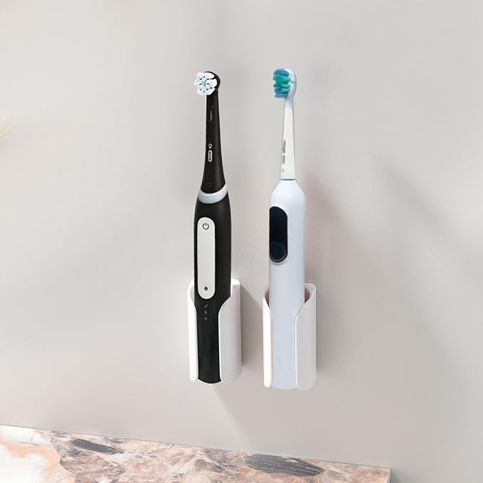 Electric Toothbrush Holder for Bathroom, Adhesive Toothbrush Stand | Compact Electric Toothbrush Organizer, Wall Mount for Mirrors/Tiles, White, Pack of 2