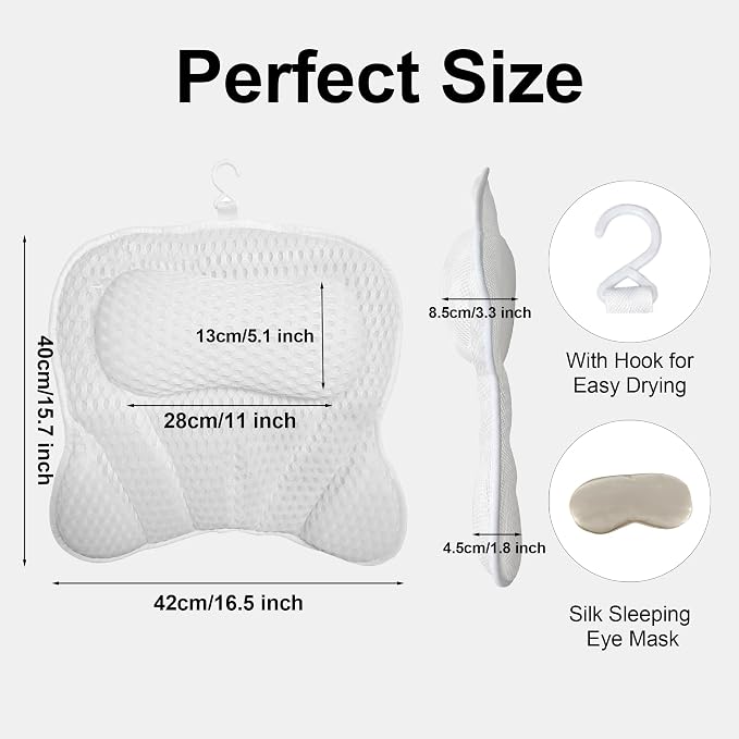 Bath Pillows for Tub, Luxury Bath Pillows for Neck Head and Back Support,Bathtub Pillow with Soft 4D Breathable Mesh Fabric and Nonslip Suction Cups,Relaxing Bath Accessories .(White)