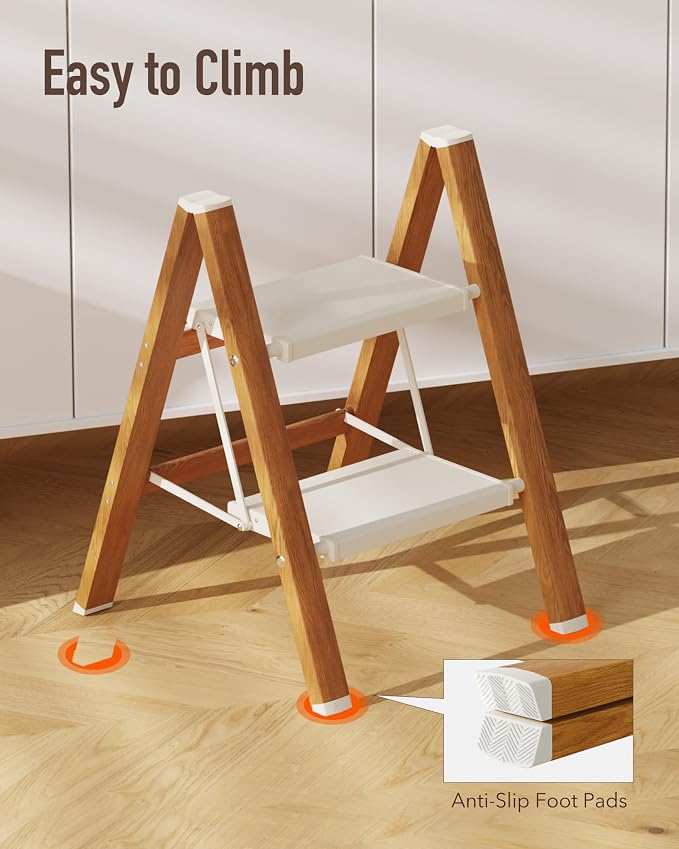 Mayi Plus 2 Step Stool Foldable, Aluminum, Lightweight Step Ladder | Extra-wide anti-slip folding steps with 330 lbs, for home,kitchen,office,outdoor,White & Woodgrain
