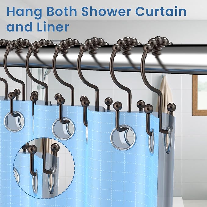 Bronze Shower Curtain Hooks Double Sided with Roller Balls | for Bathroom Rods, for Shower Curtain and Liner, Smooth Gliding, Rustproof Metal, Set of 12 Hooks