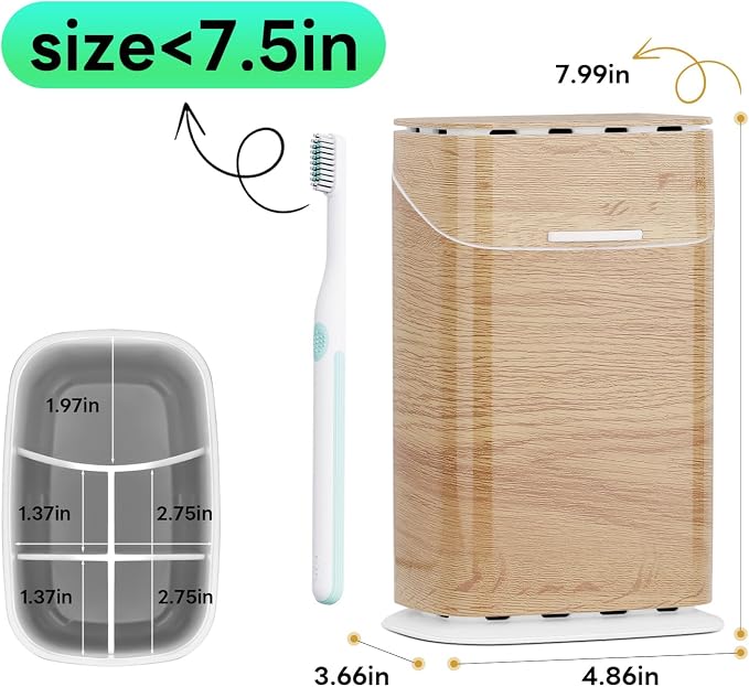 GFWARE Wood Bathroom Toothbrush Holder with Cover, Ventilated & Drainage | 5 Slots Bathroom Toothbrush & Toothpaste Organizer, Keeps Brush Heads Upright for Toothbrushes Under 7.5 Inches, Wood-Look