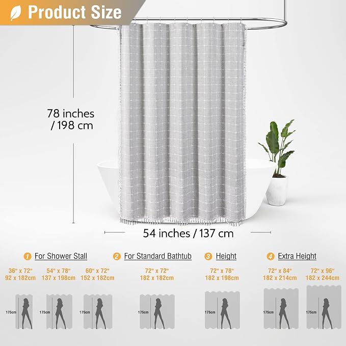54x78 Boho Farmhouse Linen Heavy Duty Shower Curtain Set, Gray/Grey | Narrow Long Size, 330GSM Linen Blend, 3-side Tassels, Waterproof Fabric, 10 Plastic Hooks, Rustic Bohemian, Machine Washable