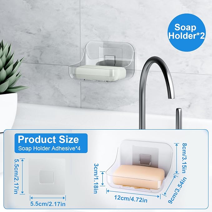 Acrylic Soap Dish, Clear Self Draining Soap Holder, No Drilling | No Tool, Universal and Aesthetics, Waterproof, 2 Pcs Plastic Soap Saver - Bathroom Kitchen Organizer