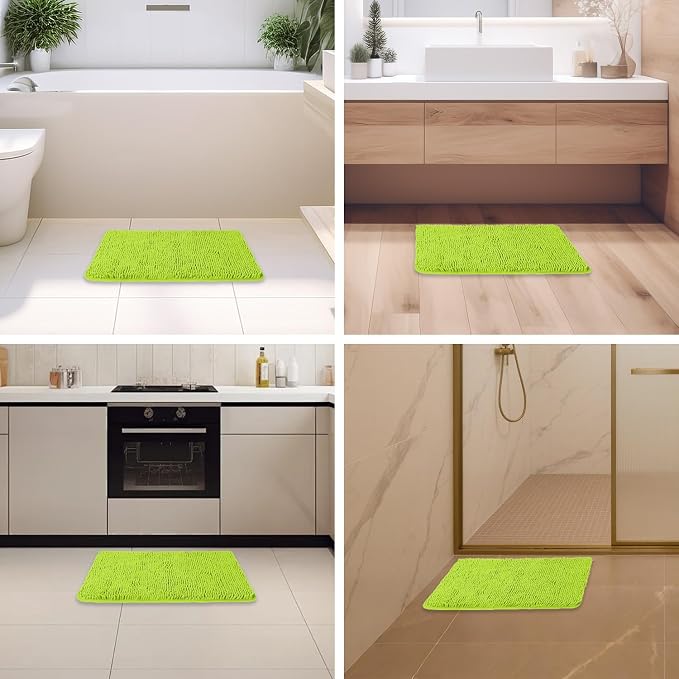 Lime Green Bathroom Rugs – Absorbent and Washable Bath Mat, Non-Slip, Thick Soft Chenille Bath Rugs for Bathroom Floor, Shower, Sink - 17" x 24"