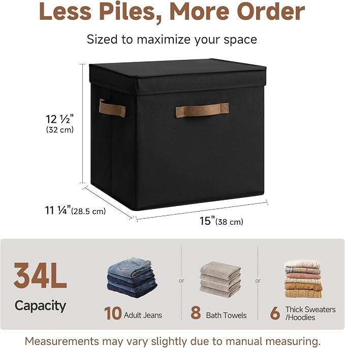 StorageWorks Storage Bins with Lid, Decorative Fabric Storage Bins with Handles, Stackable Closet Organizers for Shelves and Bedroom, Large, Black, 2-Pack