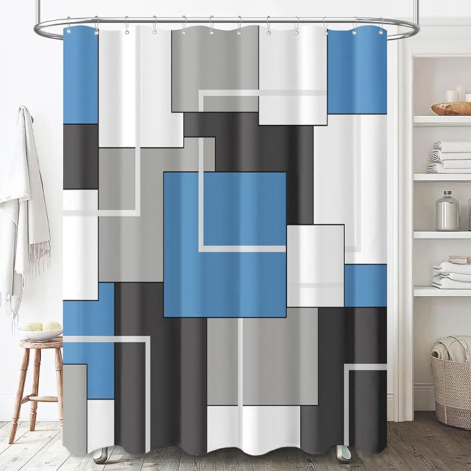 60x72 Stall Geometric Waterproof Fabric Shower Curtain, Moonlight Blue | Narrow Long, Premium Polyester, Weighted Hem, 10 Plastic Hook, Vibrant Color, Wrinkle-resistant, Quick-Dry, Machine Washable