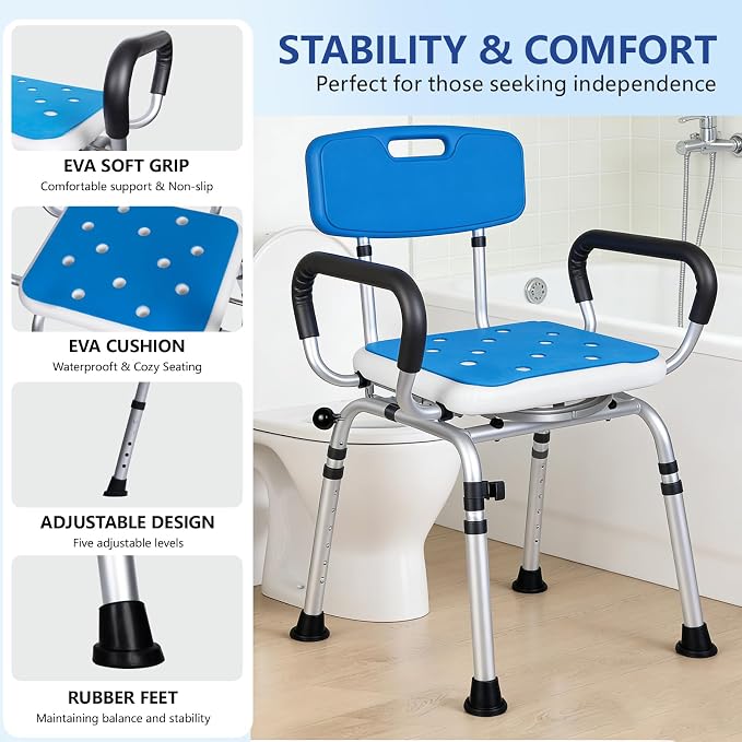 Swivel Shower Chair 500lbs Heavy Duty Adjustable Arms & Back 360° Rotating | Slip-resistant rubber feet Easy-clean Tool-free Install Ergonomic wide seat Built-in drainage holes 5 height settings