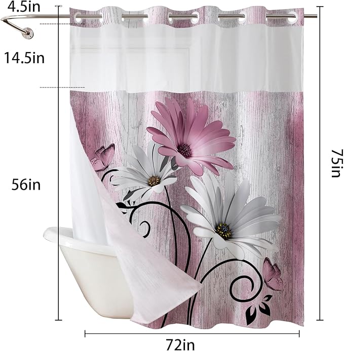 Hookless Shower Curtain with Snap in Liner, Pink No Hook Shower Curtains for Bathroom，Shower Curtain and Liner Set for Bathroom Decor,Waterproof & Washable,72W x 75L Inch