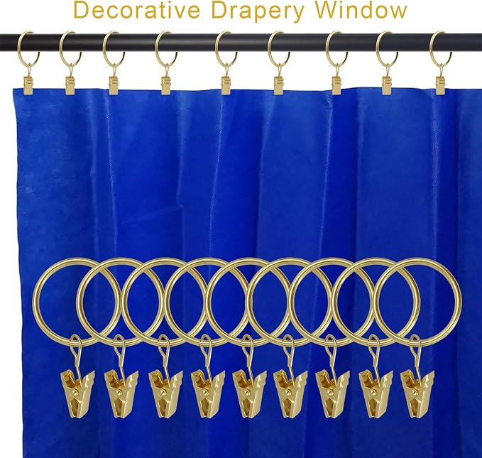 LLPJS 40 Pack Curtain Rings with Clips, Curtain Clip Rings Hooks, Bow Hanger Clips for Hanging Drapery Drapes Bows, Ring 1.26 inch Interior Diameter, Fits up to 1" Rod, Gold