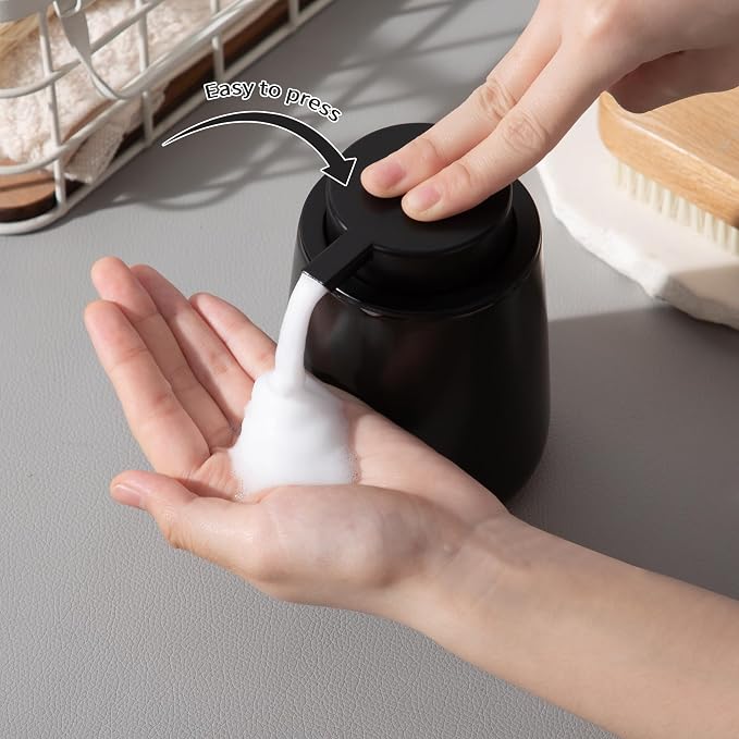 Enra Black Foaming Soap Dispenser, Ceramic Foam Soap Dispenser Bathroom | 12oz Refillable Design With Easy-Press Pump.Sleek Finish Adds Style to Sinks,Countertops Kitchens and Modern Interiors.